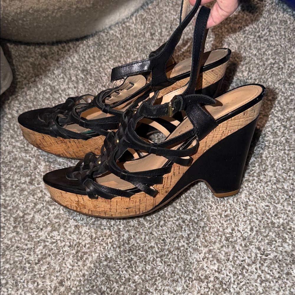 Ivanka Trump Black and Tan Wedge Sandals WOMENS SIZE 8